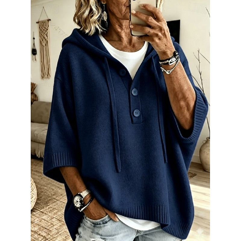 Luźny damski sweter z kapturem w kolorze beżowym, styl casual