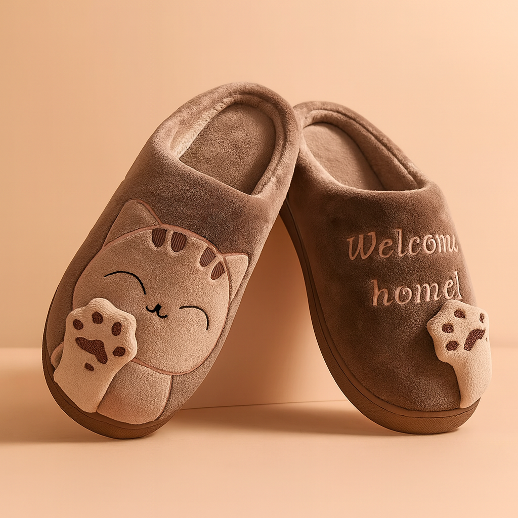 Brązowe pluszowe kapcie damskie z motywem kota i napisem Welcome home