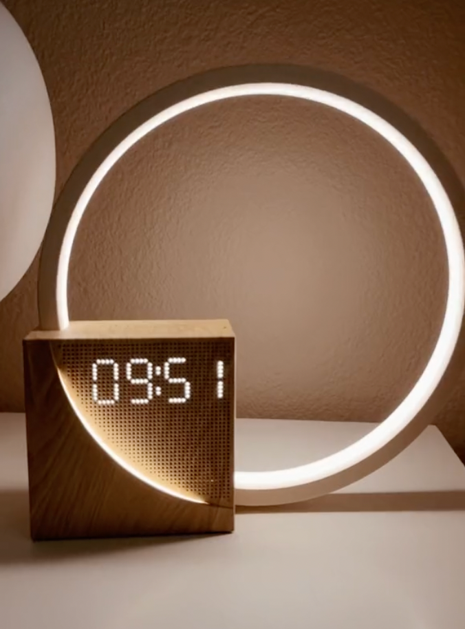 Cyfrowy budzik LED ze skandynawskim designem, funkcja lampki nocnej i symulacji wschodu słońca.