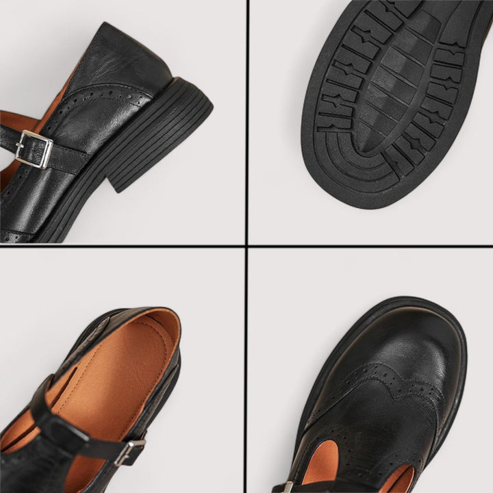 Eleganckie czarne buty damskie typu mary jane z błyszczącą klamrą, widok z boku.