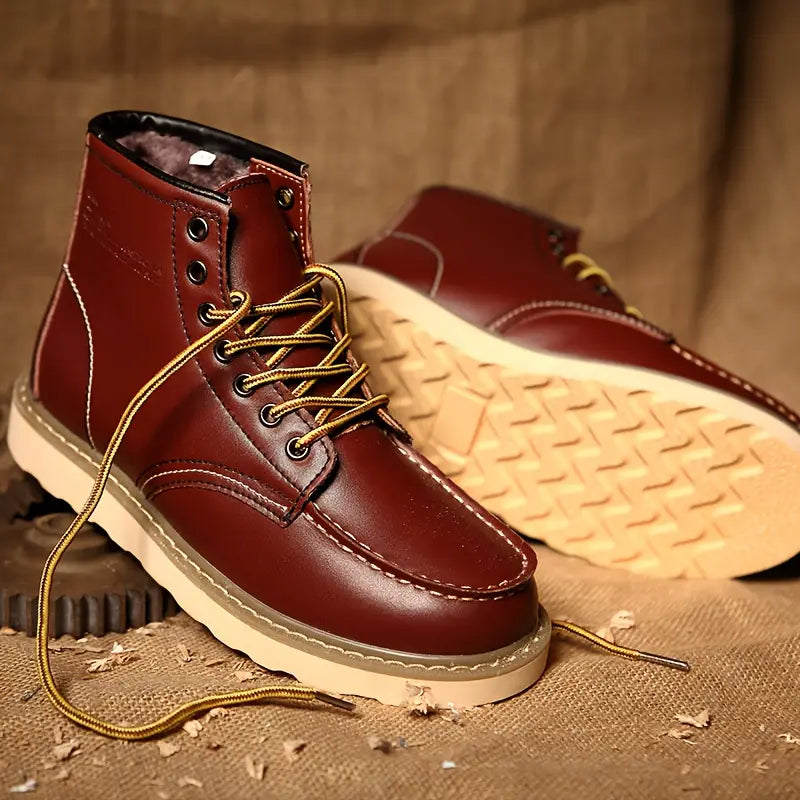 Modne męskie buty zimowe sznurowane w stylu retro, zbliżenie na podeszwę