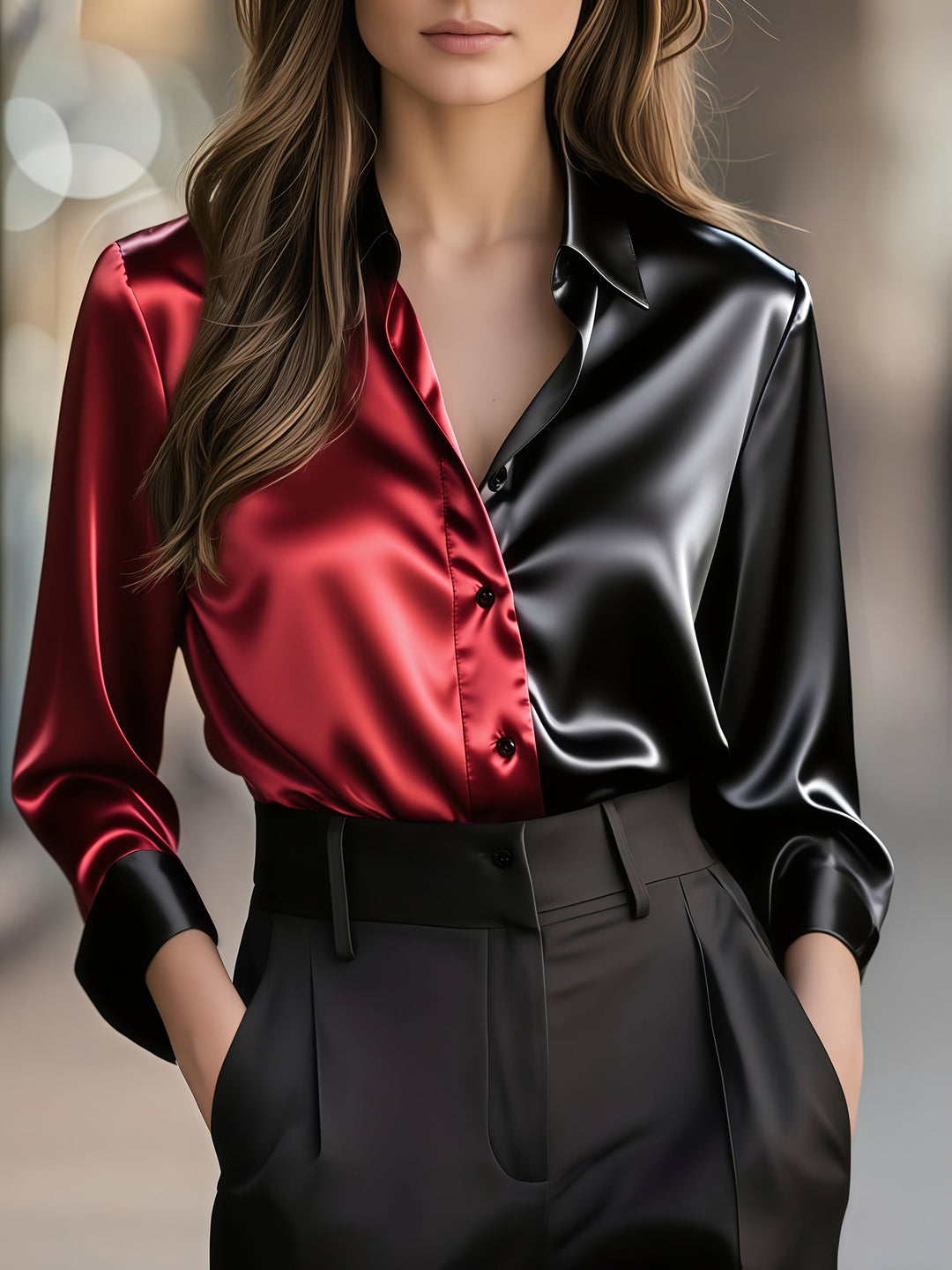 Kobieta w eleganckiej koszuli z blokiem kolorów w odcieniu czerwieni