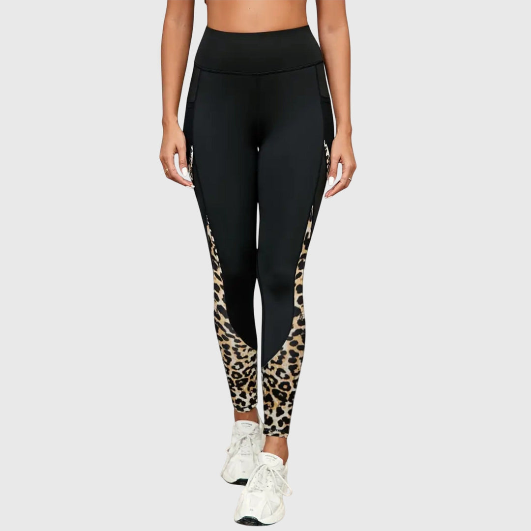 Damskie legginsy treningowe w panterkę z wysokim stanem, widok z tyłu