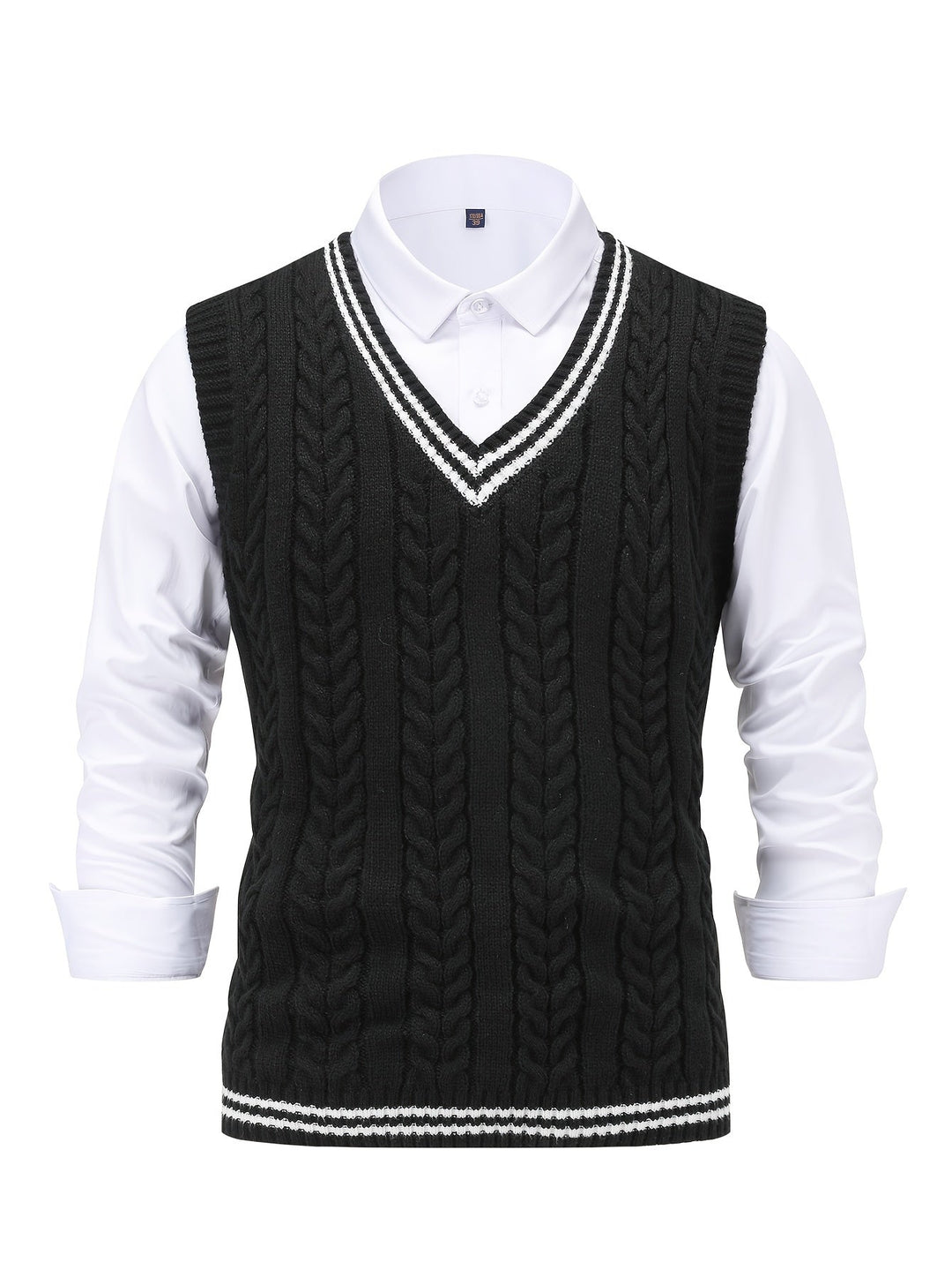 Modna męska kamizelka sweter w zestawieniu z elegancką koszulą