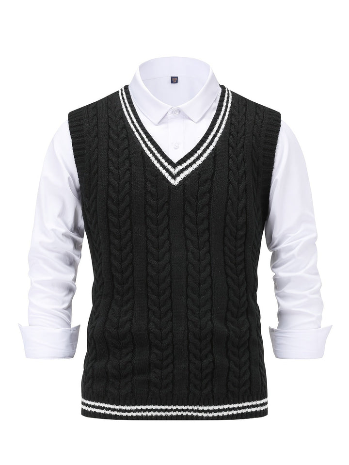 Modna męska kamizelka sweter w zestawieniu z elegancką koszulą