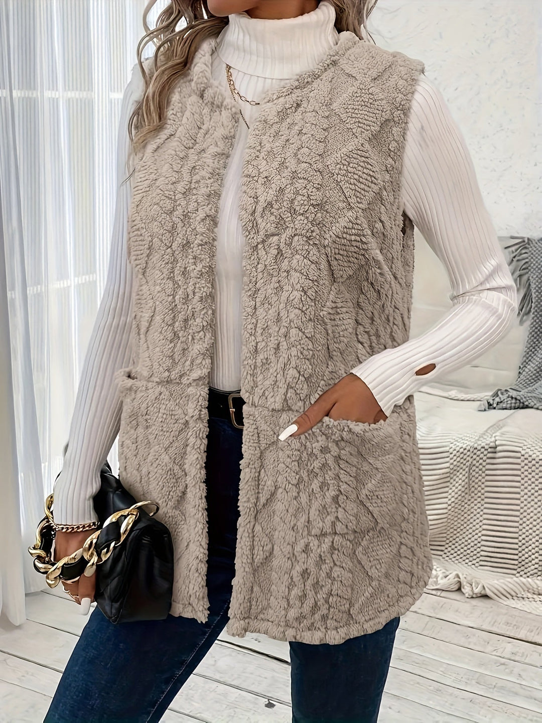 Zbliżenie na przód miękkiej beżowej kamizelki damskiej w stylu oversize