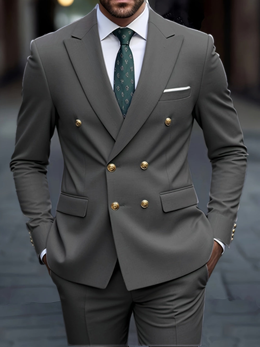 Mężczyzna w zielonym wojskowym garniturze dwurzędowym slim fit
