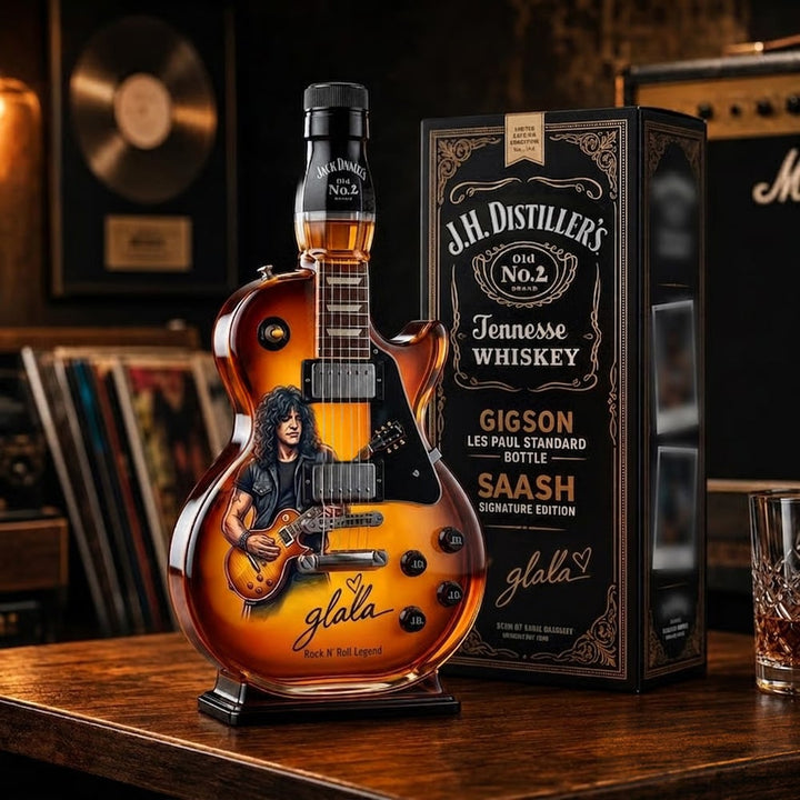Stylowy dekanter do whisky gitara vintage sunburst prezentowany na eleganckim stojaku