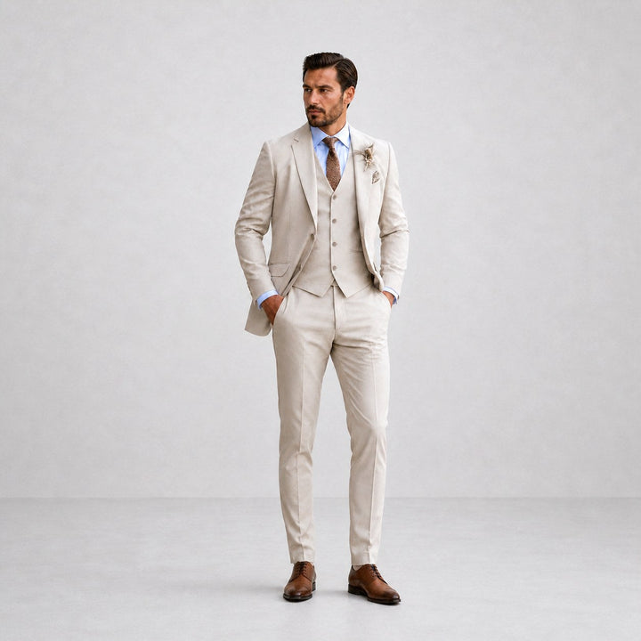 Elegancki garnitur ślubny męski slim fit z kamizelką na uroczystości