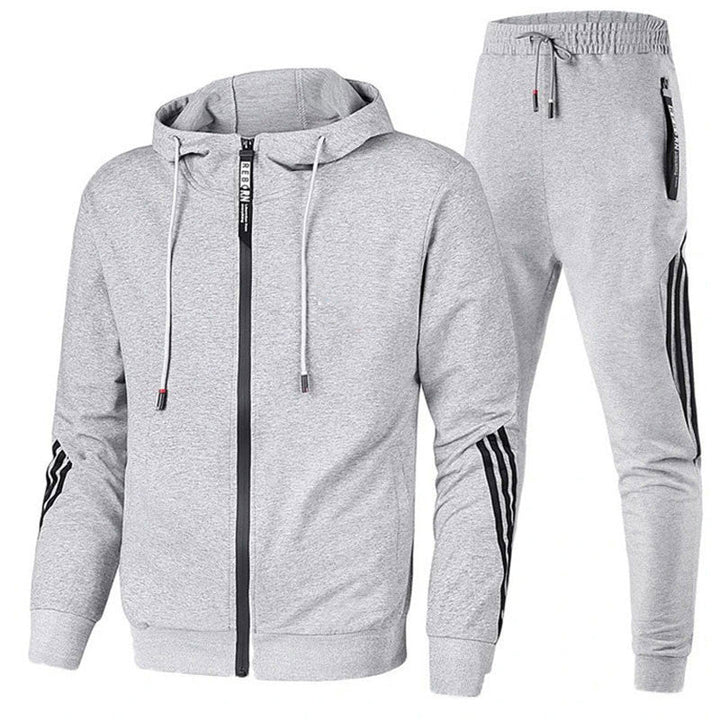 Męski szary dres sportowy z kapturem do biegania i treningu