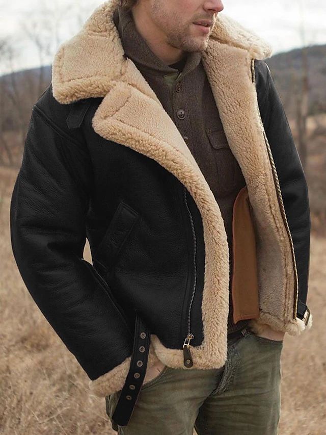 Męska czarna kurtka aviator w zimowej stylizacji