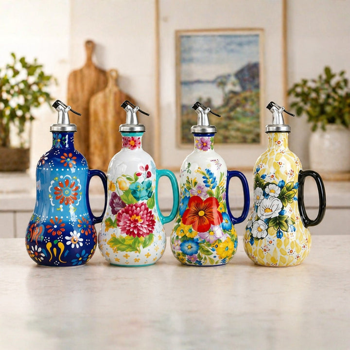 Ceramiczny dozownik oleju kuchennego z eleganckim kwiatowym wzorem, idealny do kuchni.
