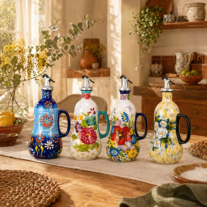 Praktyczny ceramiczny nalewak do oleju i octu 680 ml, z delikatnym wzorem kwiatowym.