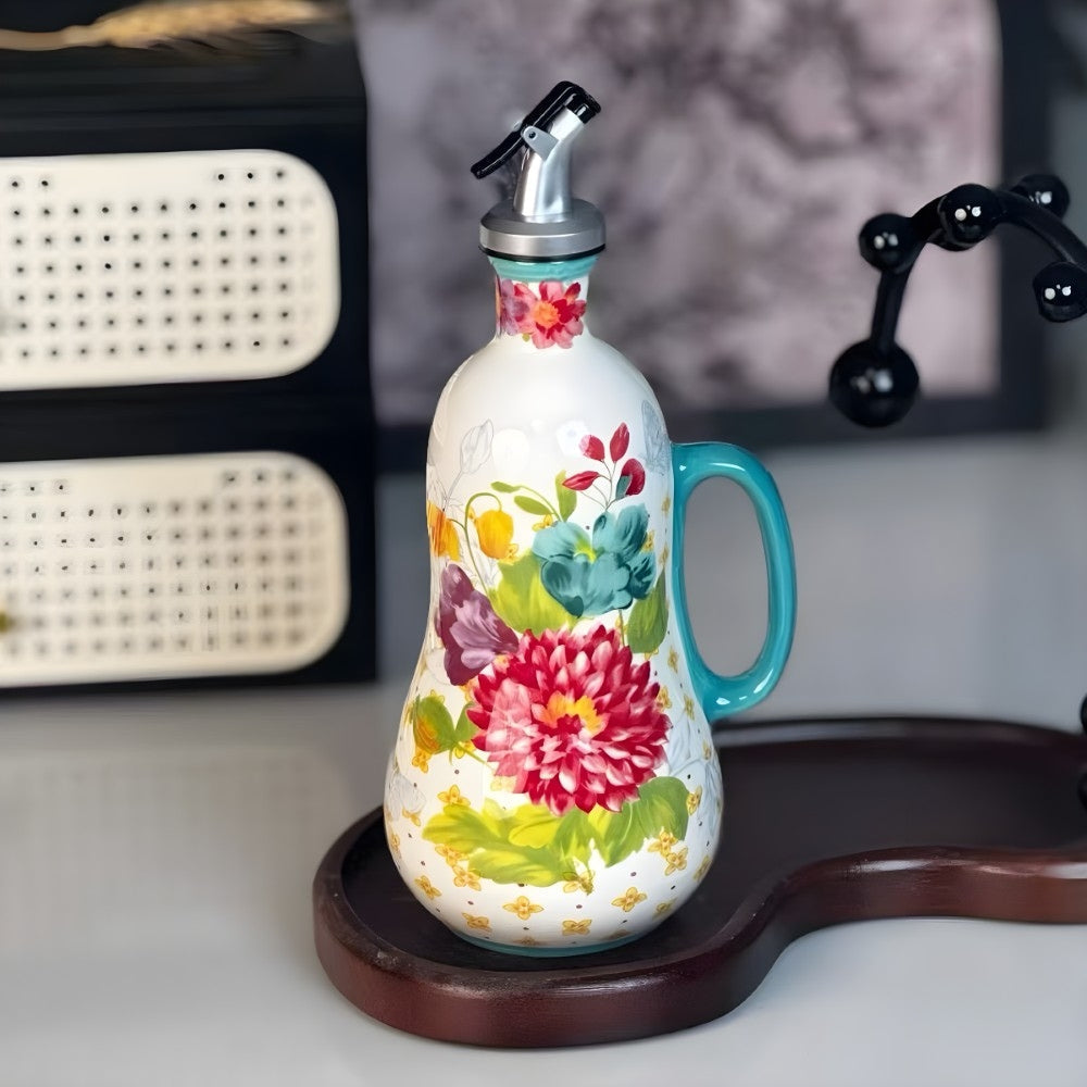 Dozownik kuchenny ceramiczny 680 ml, z motywem kwiatowym, do przechowywania i nalewania oleju.