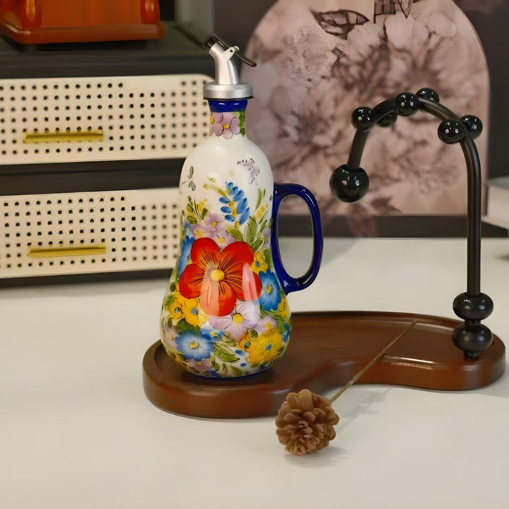 Akcesoria kuchenne: ozdobny dozownik na olej/ocet, ceramiczny, z kwiatowym designem, świetny prezent.