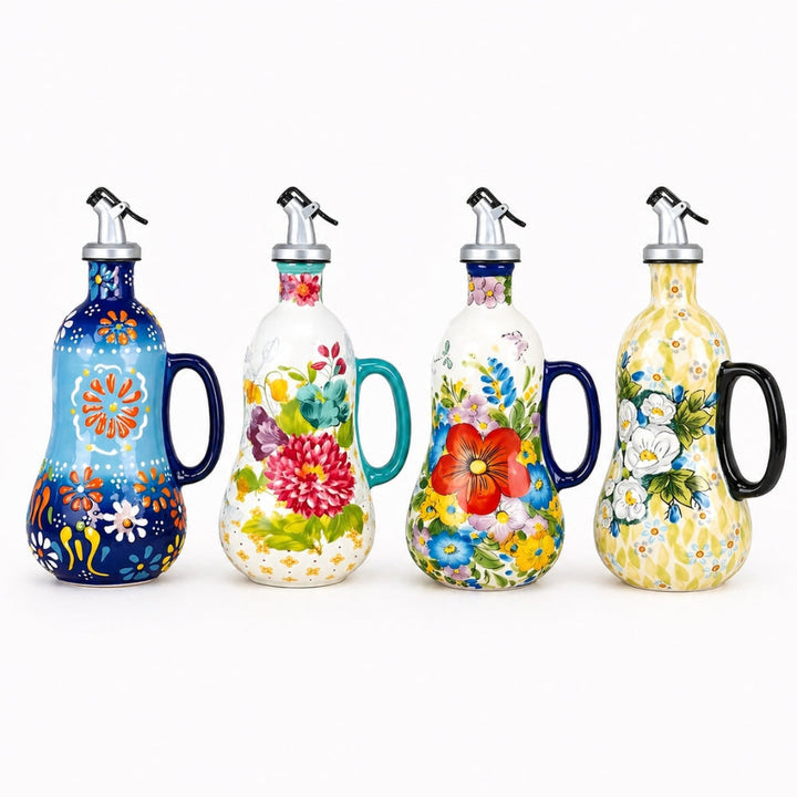 Wysokiej jakości ceramiczny dozownik na olej kuchenny, pojemność 680 ml, wzór kwiatowy, dekoracja.