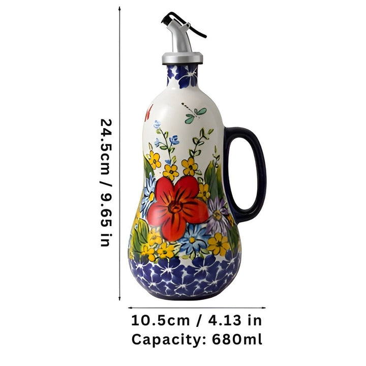Stylowy ceramiczny dozownik do oleju i octu 680 ml, z subtelnym wzorem kwiatowym, do codziennego użytku.