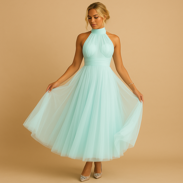 Elegancka sukienka midi z dekoltem halter na wesele i formalne wyjścia