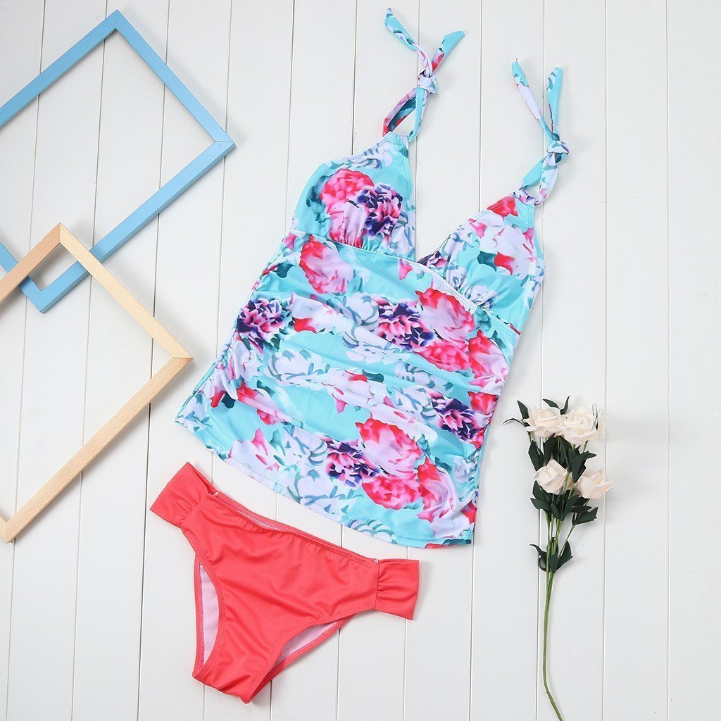 Ciążowy strój kąpielowy tankini. Modny, kwiatowy wzór. Idealny na basen i plażę.