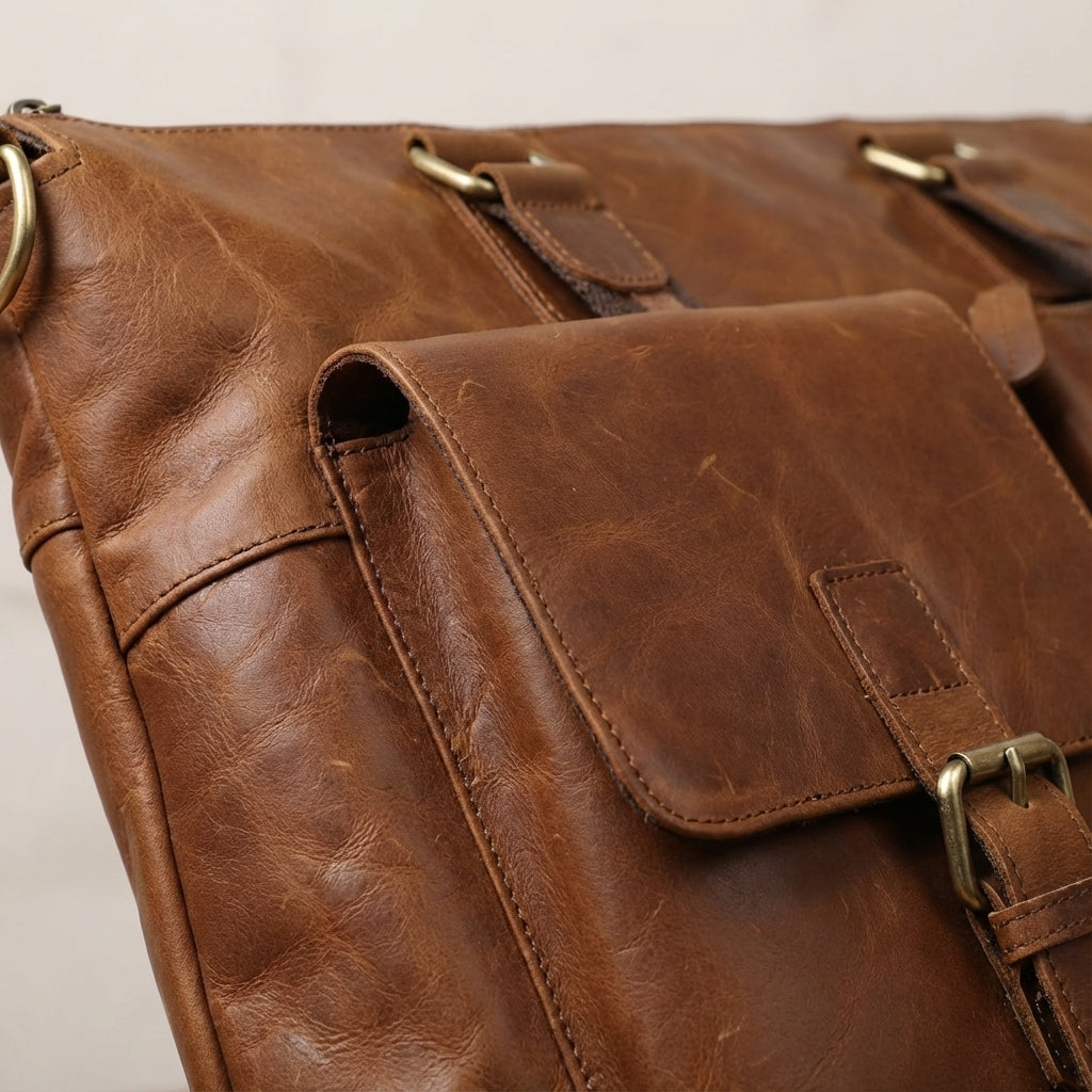 Brązowa aktówka vintage na laptopa, wytrzymała torba biznesowa VintagePack, idealna do biura i podróży.