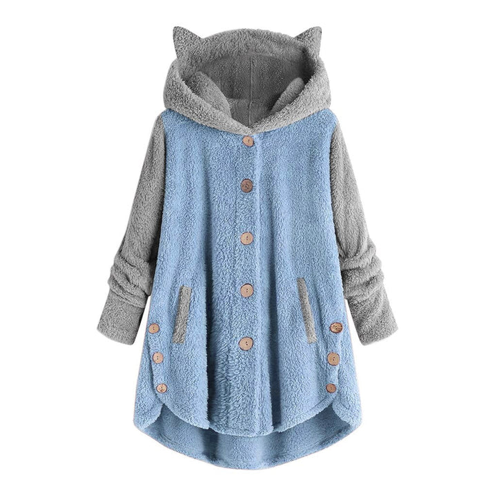 Luźna, komfortowa damska bluza polarowa z guzikami i modnymi uszami kota na kapturze.