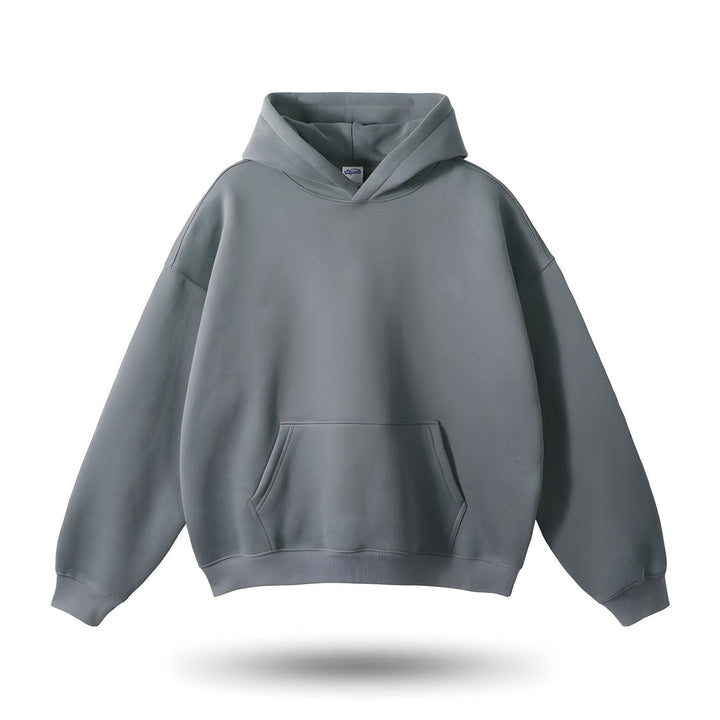 Szara męska bluza z kapturem oversized i kieszenią kangurką, styl streetwear