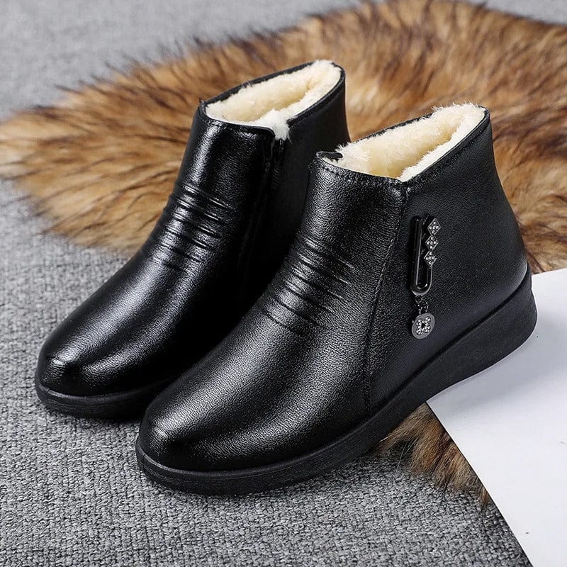 Eleganckie botki zimowe damskie prezentowane obok futrzanego akcentu
