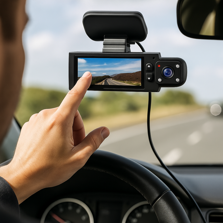 Czarna kamera samochodowa 1080p Full HD z Wi-Fi i podwójnym obiektywem. Niezawodny wideorejestrator jazdy.
