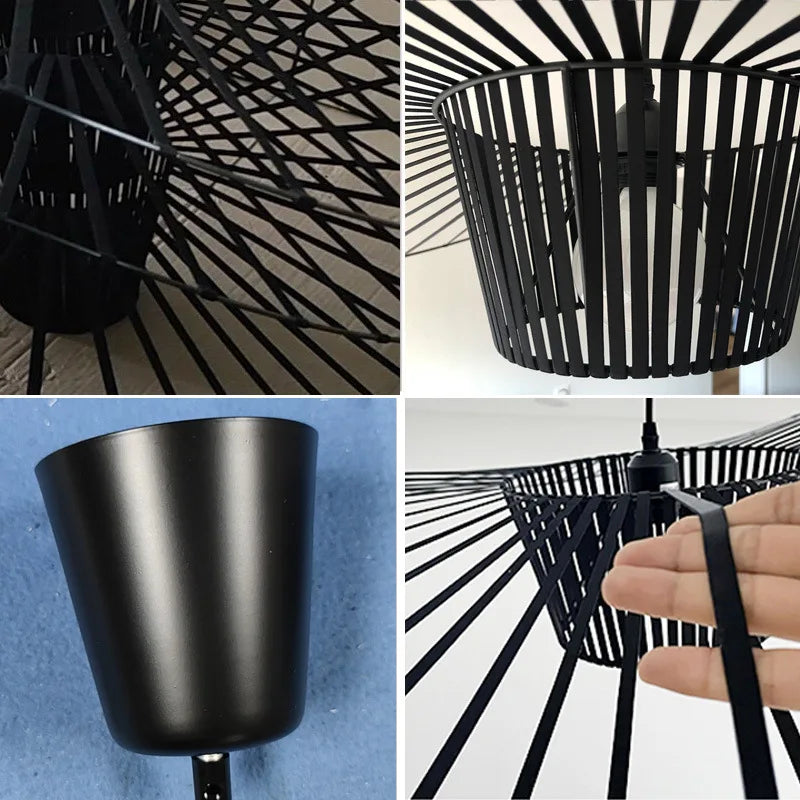 Elegancka czarna lampa wisząca typu kapelusz, nowoczesny design idealny do salonu.