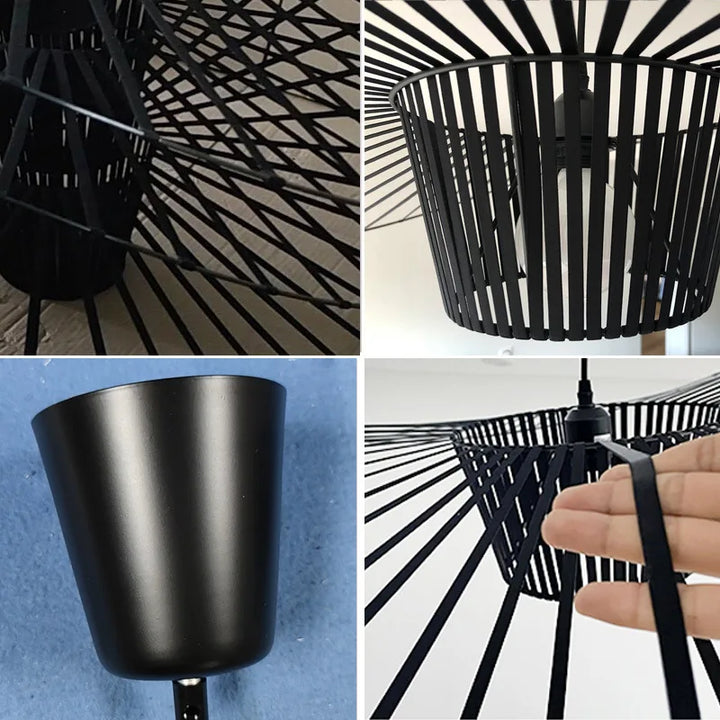 Elegancka czarna lampa wisząca typu kapelusz, nowoczesny design idealny do salonu.