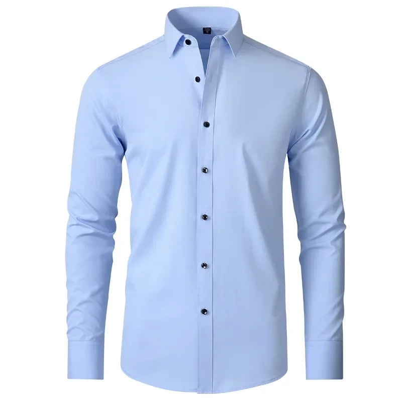 Rozciągliwa czarna koszula męska slim fit, uniwersalna, na co dzień i na specjalne okazje.