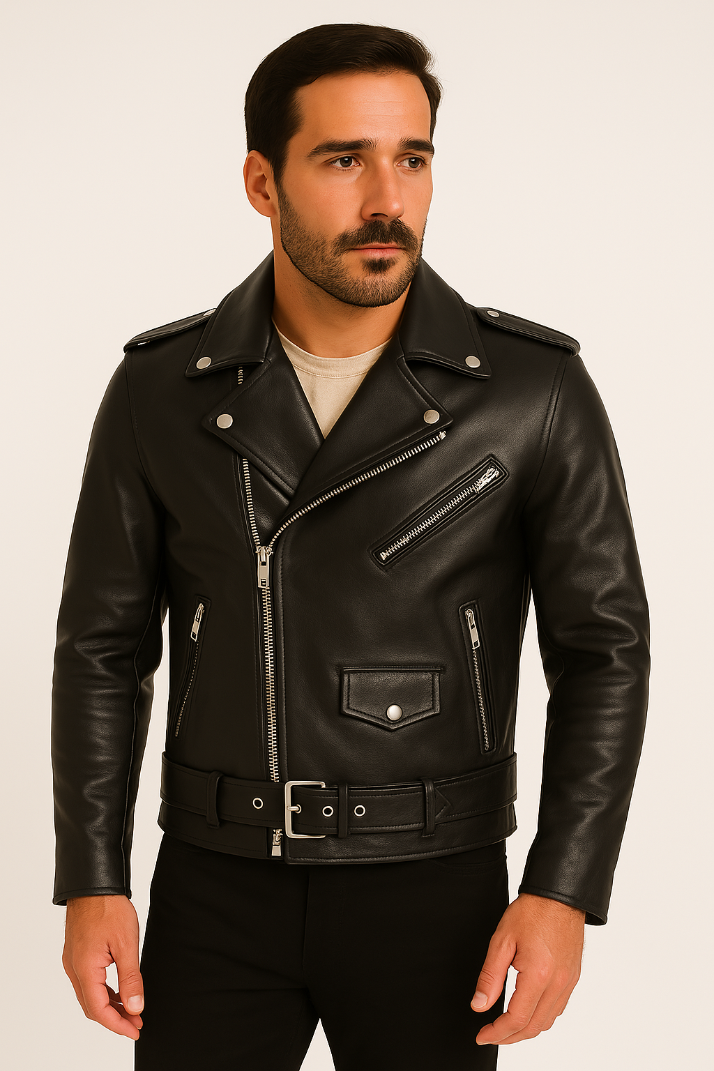 Czarna męska kurtka skórzana biker, klasyczny styl motocyklowy. Idealna kurtka przejściowa do mody casual i streetwear.