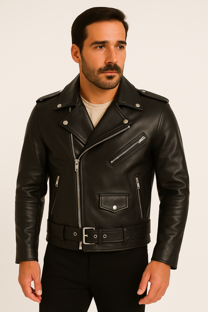 Czarna męska kurtka skórzana biker, klasyczny styl motocyklowy. Idealna kurtka przejściowa do mody casual i streetwear.