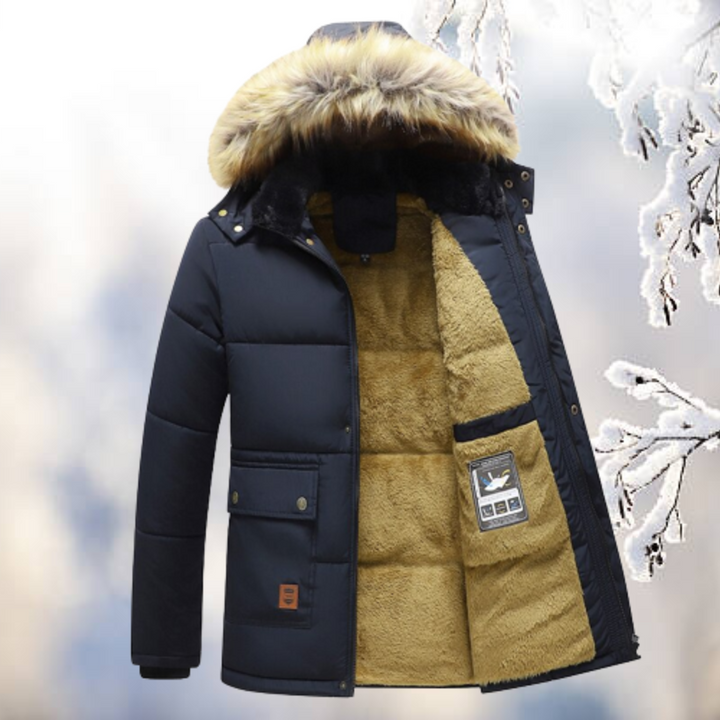 Czarna męska parka zimowa ocieplana z kapturem i futerkiem, idealna na mroźne dni i outdoor.