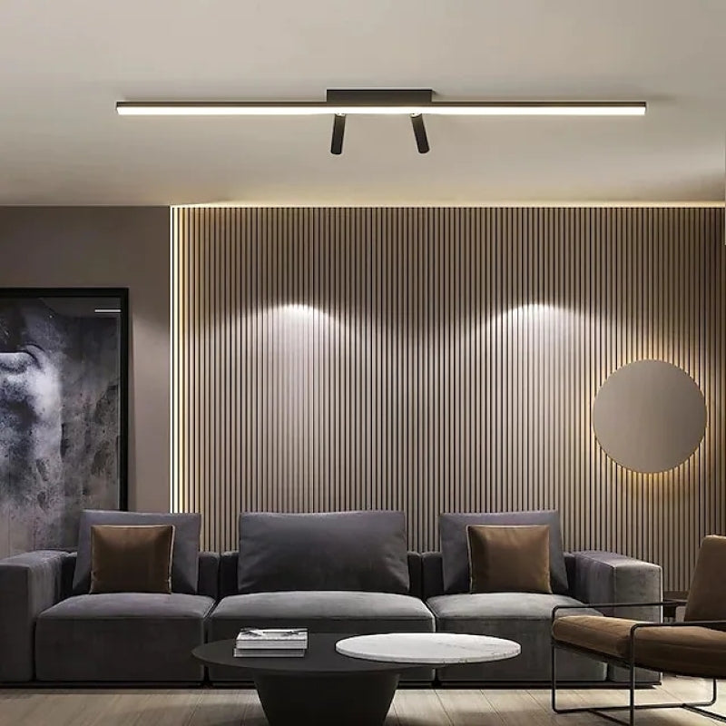 Elegancka czarna lampa sufitowa LED, liniowa konstrukcja. Nowoczesne oświetlenie wnętrz, design do sypialni.