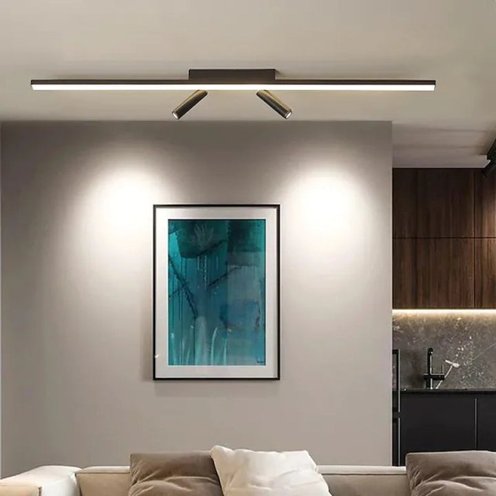 Nowoczesna czarna lampa sufitowa LED liniowa, elegancki design. Oświetlenie do minimalistycznych wnętrz.