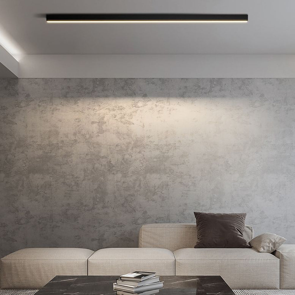 Czarna elegancka lampa sufitowa LED. Nowoczesne liniowe oświetlenie wnętrz, pasujące do salonu, sypialni.