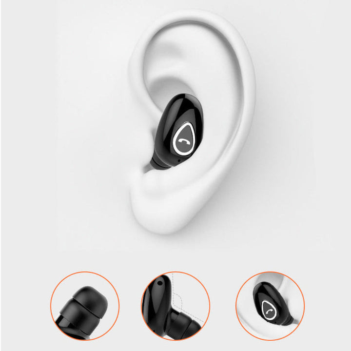 Białe słuchawki douszne Bluetooth z mikrofonem, zapewniające czysty dźwięk bez kabli.