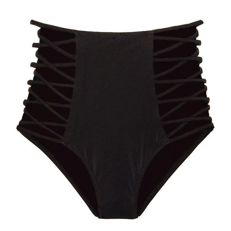 Komfortowe damskie majtki kąpielowe z wysokim stanem. Czarne bikini z ozdobnymi paskami, idealne na lato.