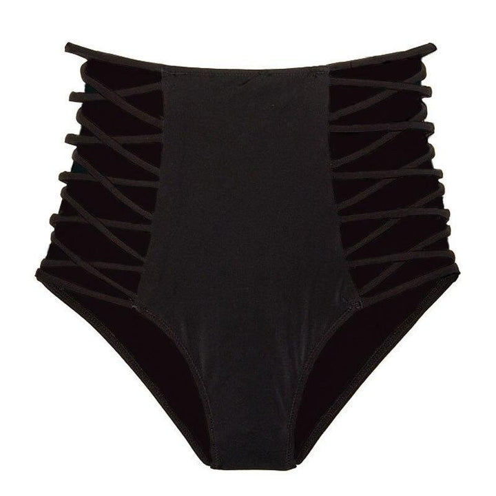 Komfortowe damskie majtki kąpielowe z wysokim stanem. Czarne bikini z ozdobnymi paskami, idealne na lato.