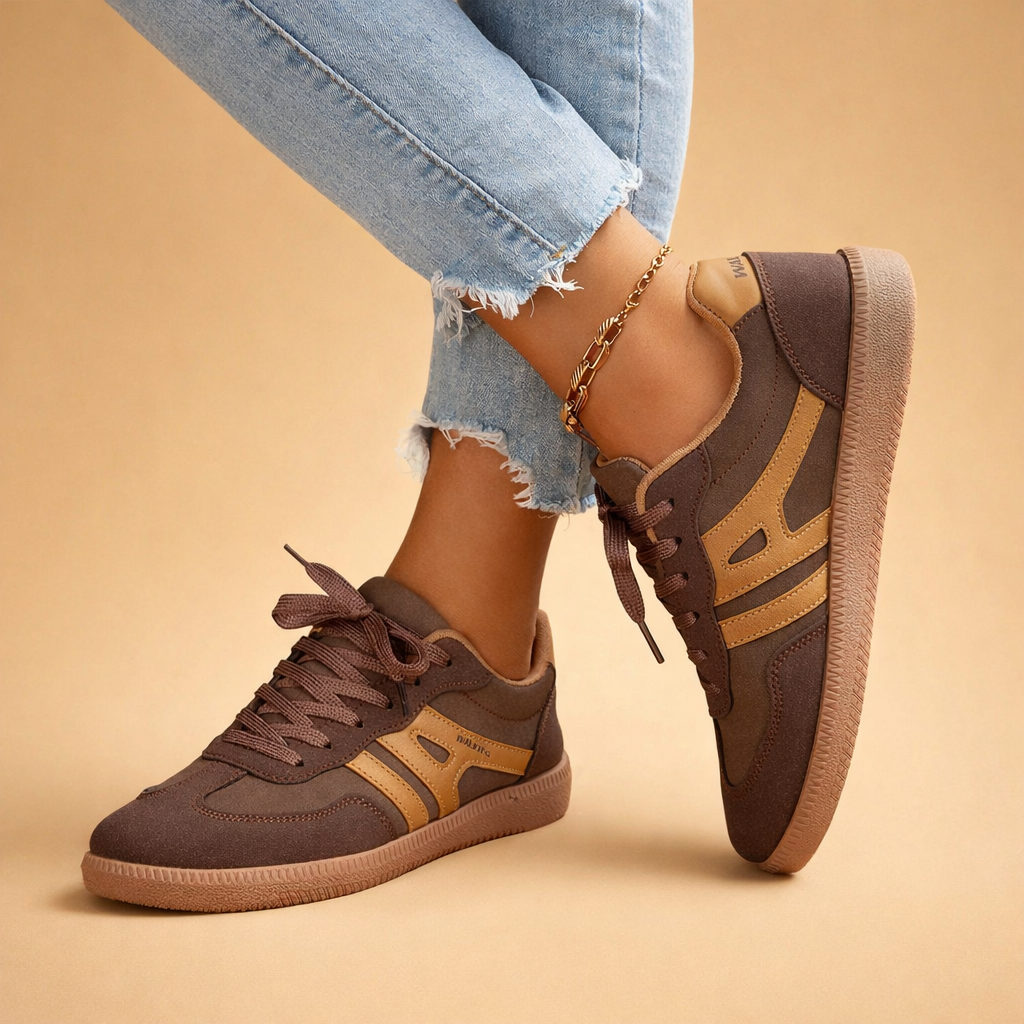 Wygodne brązowe trampki damskie, modne sneakersy na co dzień, zapewniające styl i komfort.
