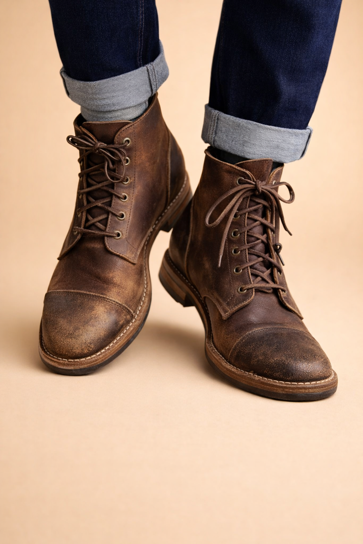 Brązowe casualowe buty męskie za kostkę, sznurowane, modne i uniwersalne do wielu codziennych stylizacji.