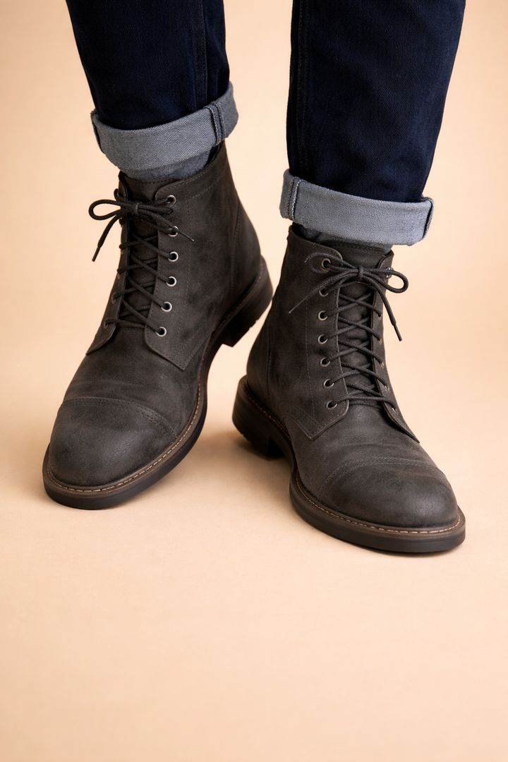 Wygodne męskie buty za kostkę khaki, sznurowane, idealne do codziennego noszenia wiosną i jesienią.