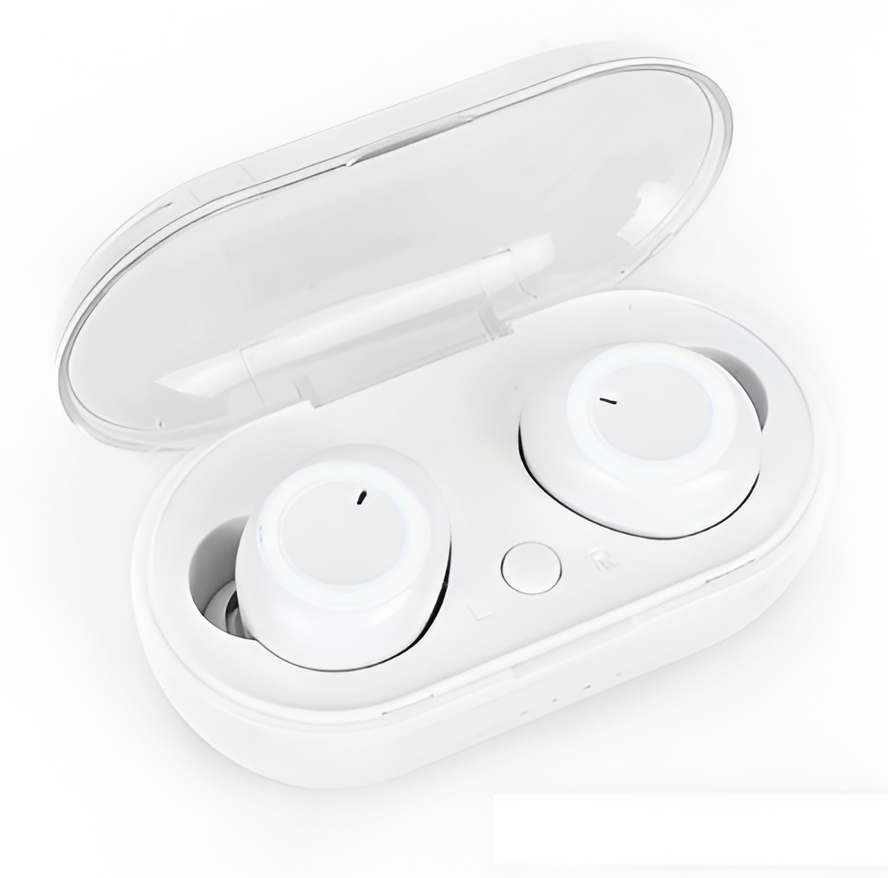 Przenośne słuchawki douszne Bluetooth z etui ładującym, zapewniające krystaliczny dźwięk w podróży i podczas sportu.