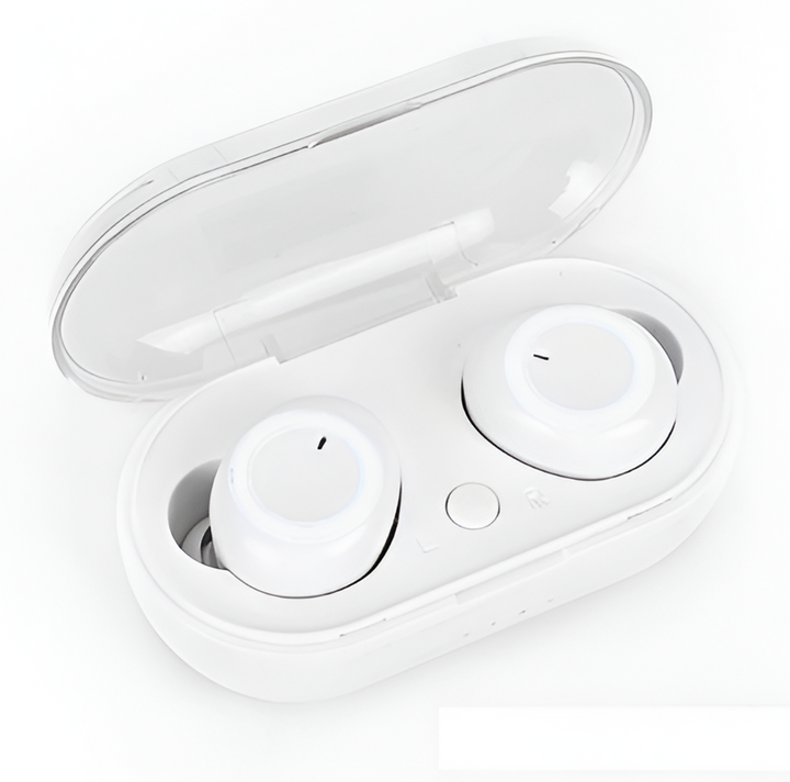 Przenośne słuchawki douszne Bluetooth z etui ładującym, zapewniające krystaliczny dźwięk w podróży i podczas sportu.
