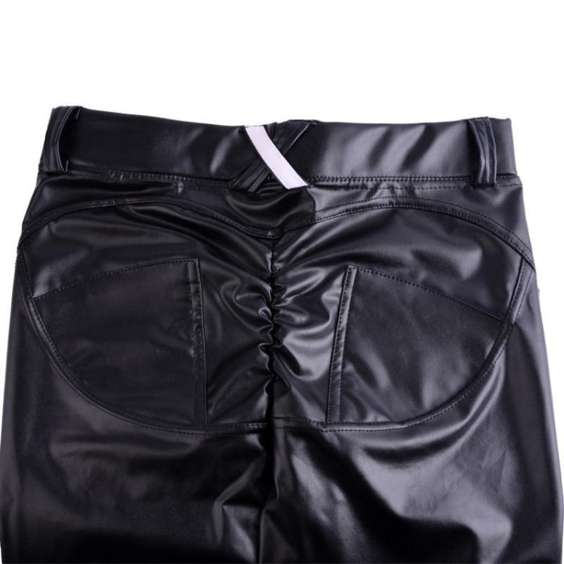 Damskie legginsy woskowane z wysokim stanem, push-up. Czarne, eleganckie spodnie imitujące skórę.