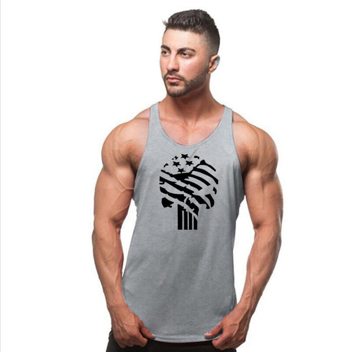 Szary męski tank top z modną czaszką, wygodna koszulka bez rękawów. Wyraź swój unikalny styl na lato.