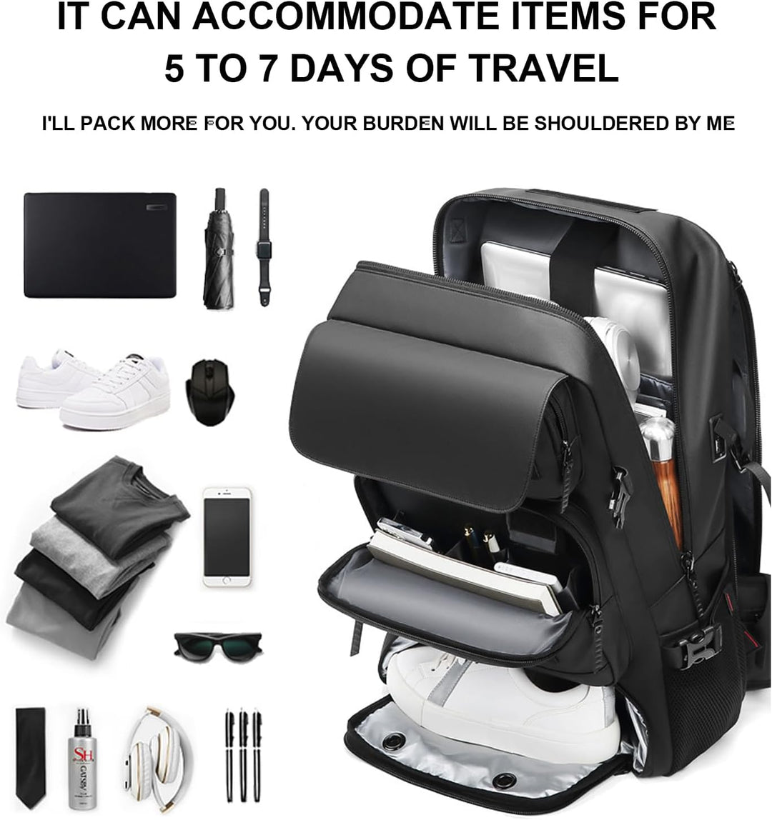Wielofunkcyjny plecak podróżny unisex 50L. Wodoodporny materiał, port USB do ładowania urządzeń.