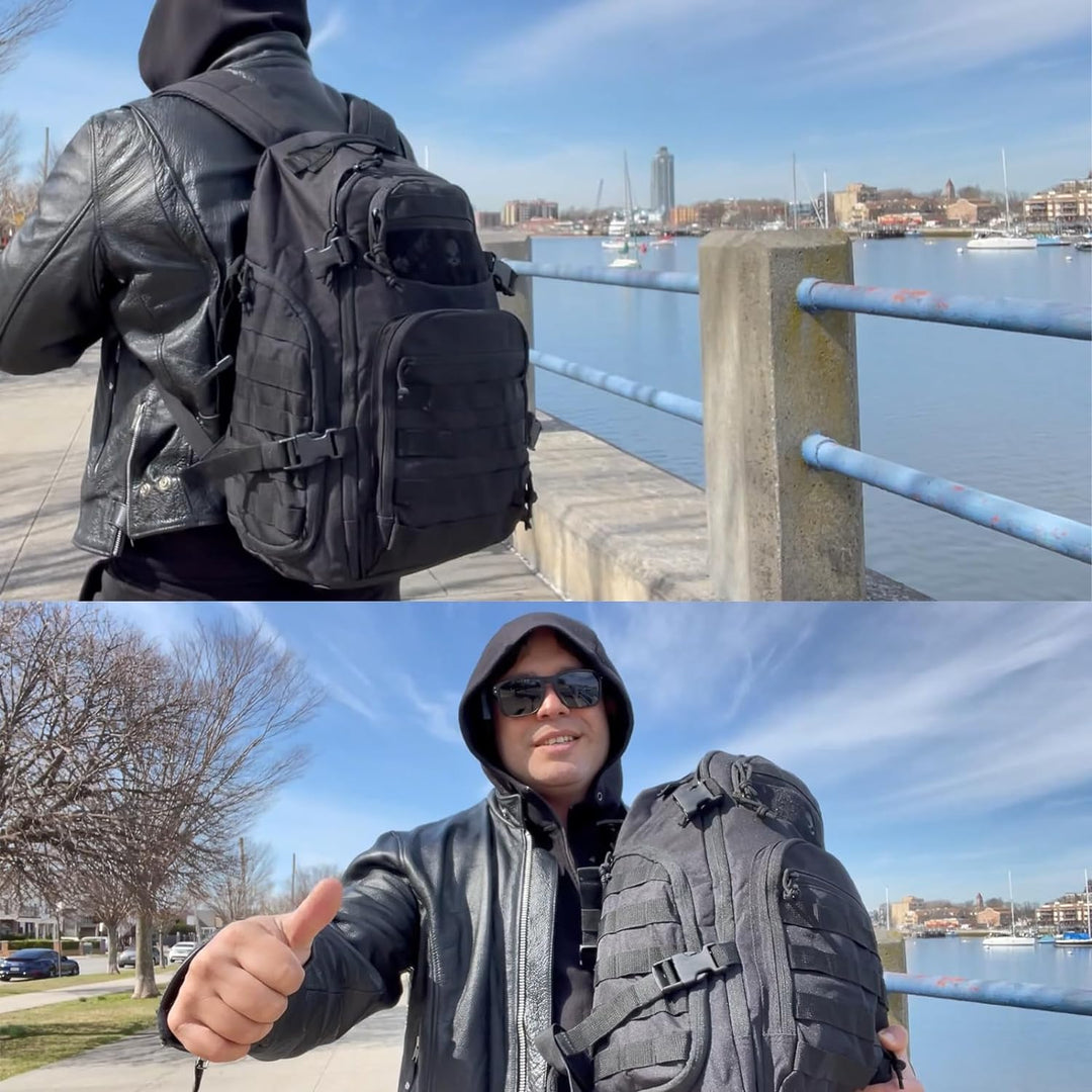 Solidny plecak taktyczny 35L Molle, czarny, wykonany z trwałego materiału, odporny na warunki.
