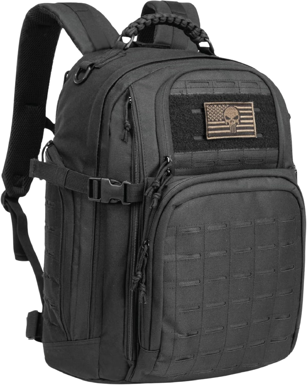 Czarny plecak taktyczny 35L Molle od tyłu, widoczne szelki i panel wentylacyjny.